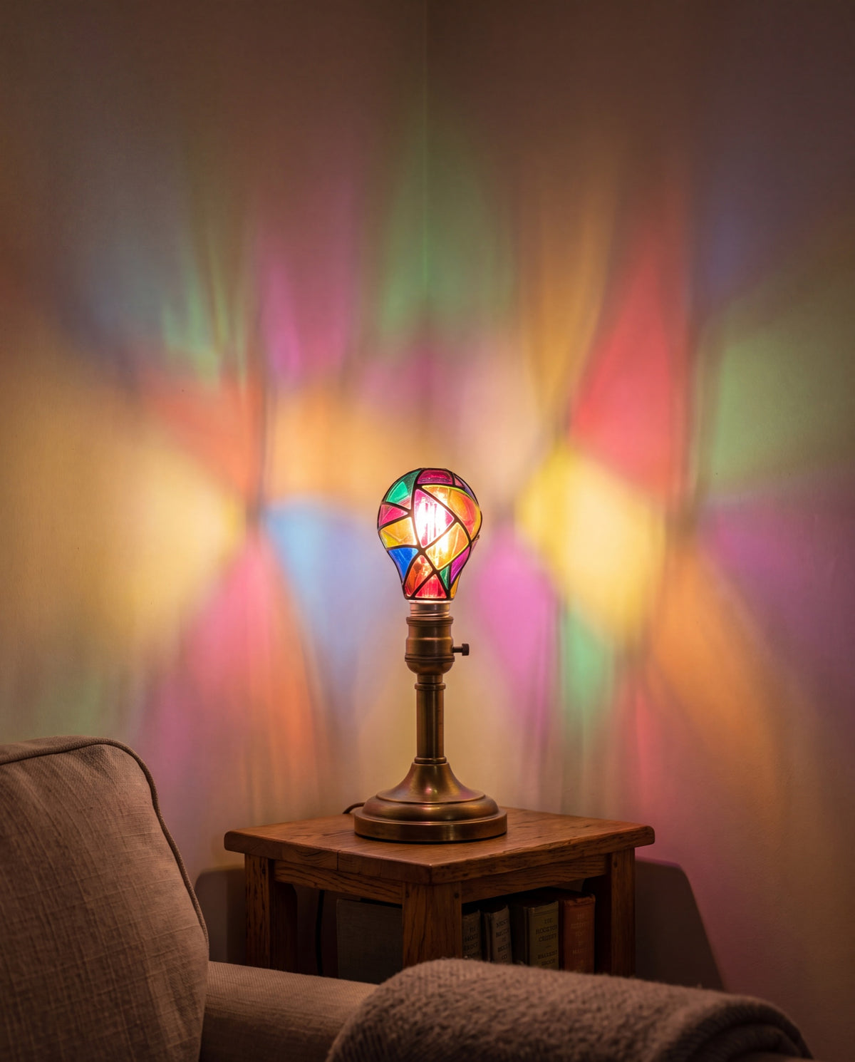 Mosaic Glow Bulb lit in a brass lamp, colour across the wall (mobile hero)