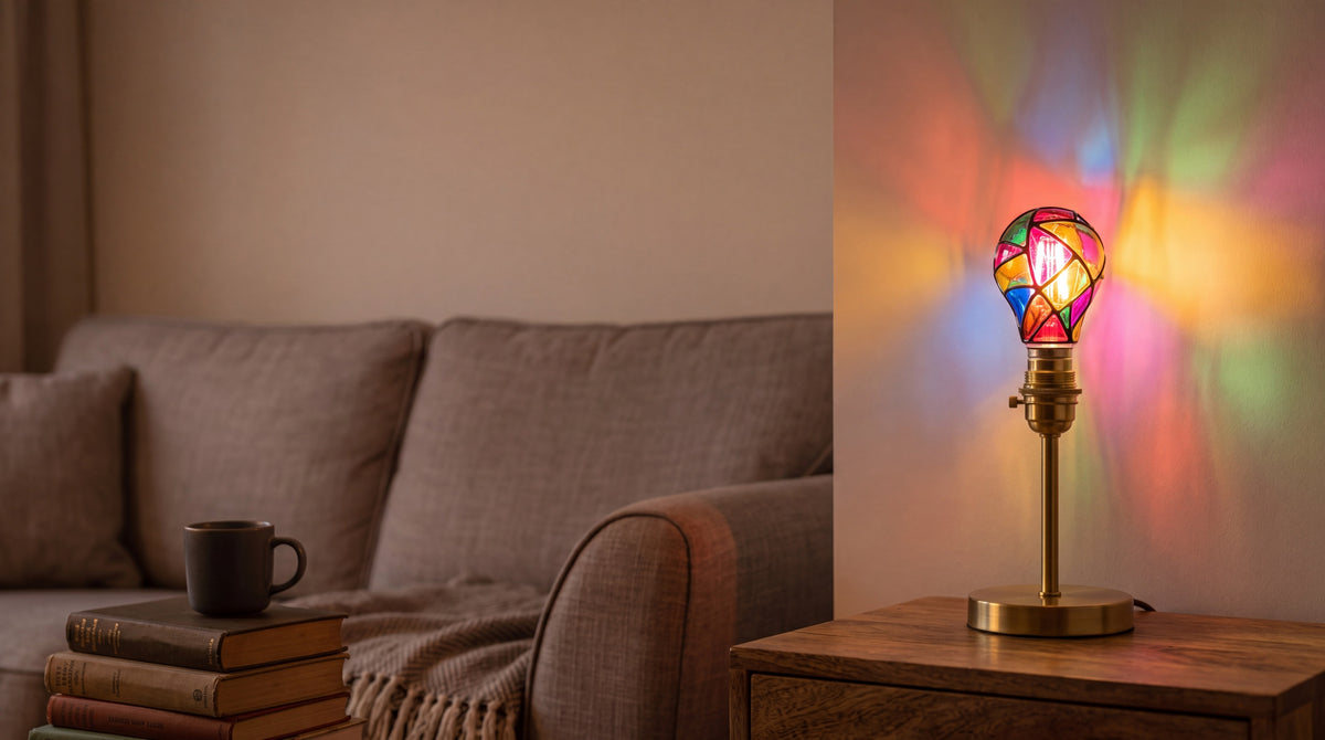 Mosaic Glow Bulb lit in a brass table lamp, colour on the living room wall