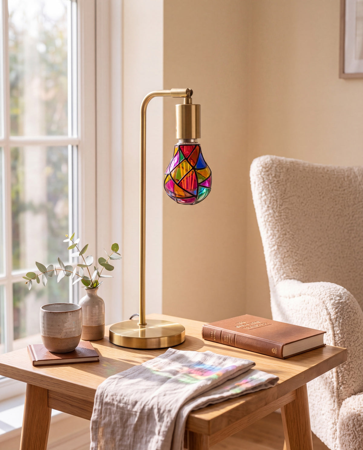 Mosaic Glow Bulb switched off in a brass reading lamp by a window